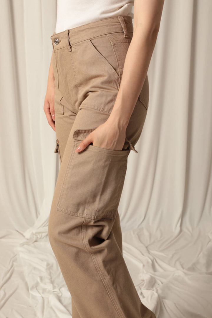 KKT Denim Fabric Cargo Pocket Women's Beige Trousers - Boynton Beach