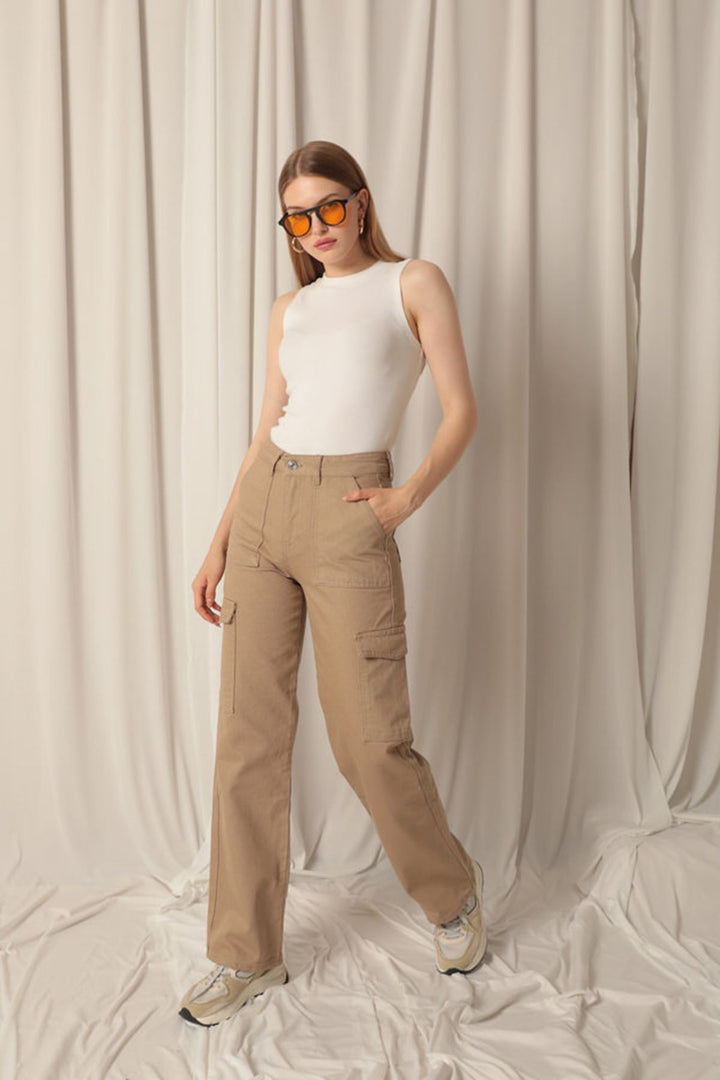 KKT Denim Fabric Cargo Pocket Women's Beige Trousers - Boynton Beach