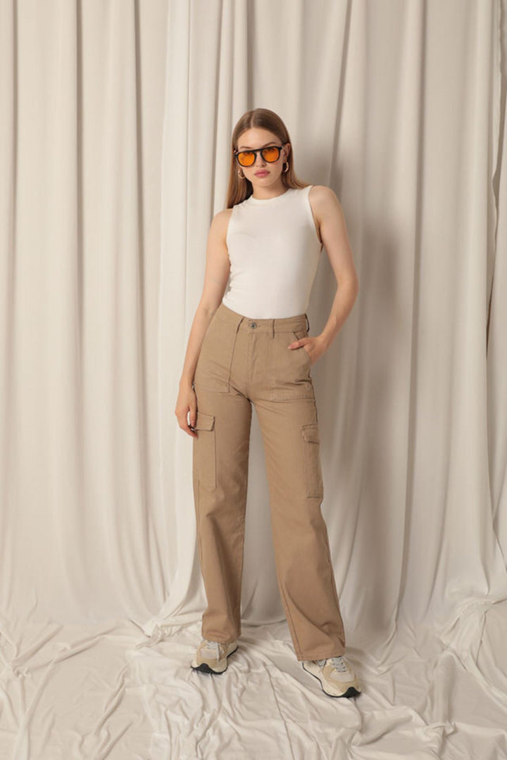 KKT Denim Fabric Cargo Pocket Women's Beige Trousers - Boynton Beach