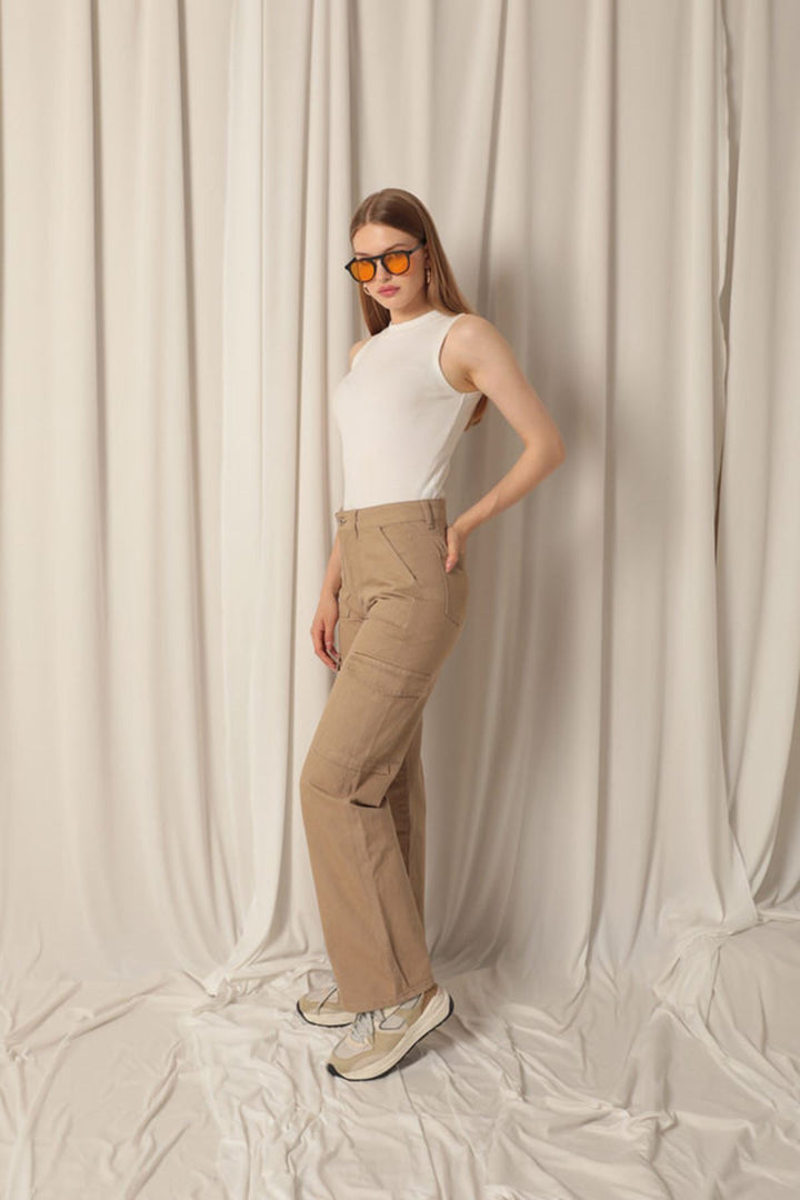 KKT Denim Fabric Cargo Pocket Women's Beige Trousers - Boynton Beach