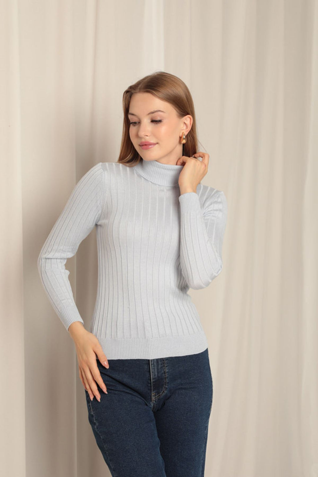 KKT Knitwear Fabric Turtleneck Women's Baby Blue Blouse - Albuquerque