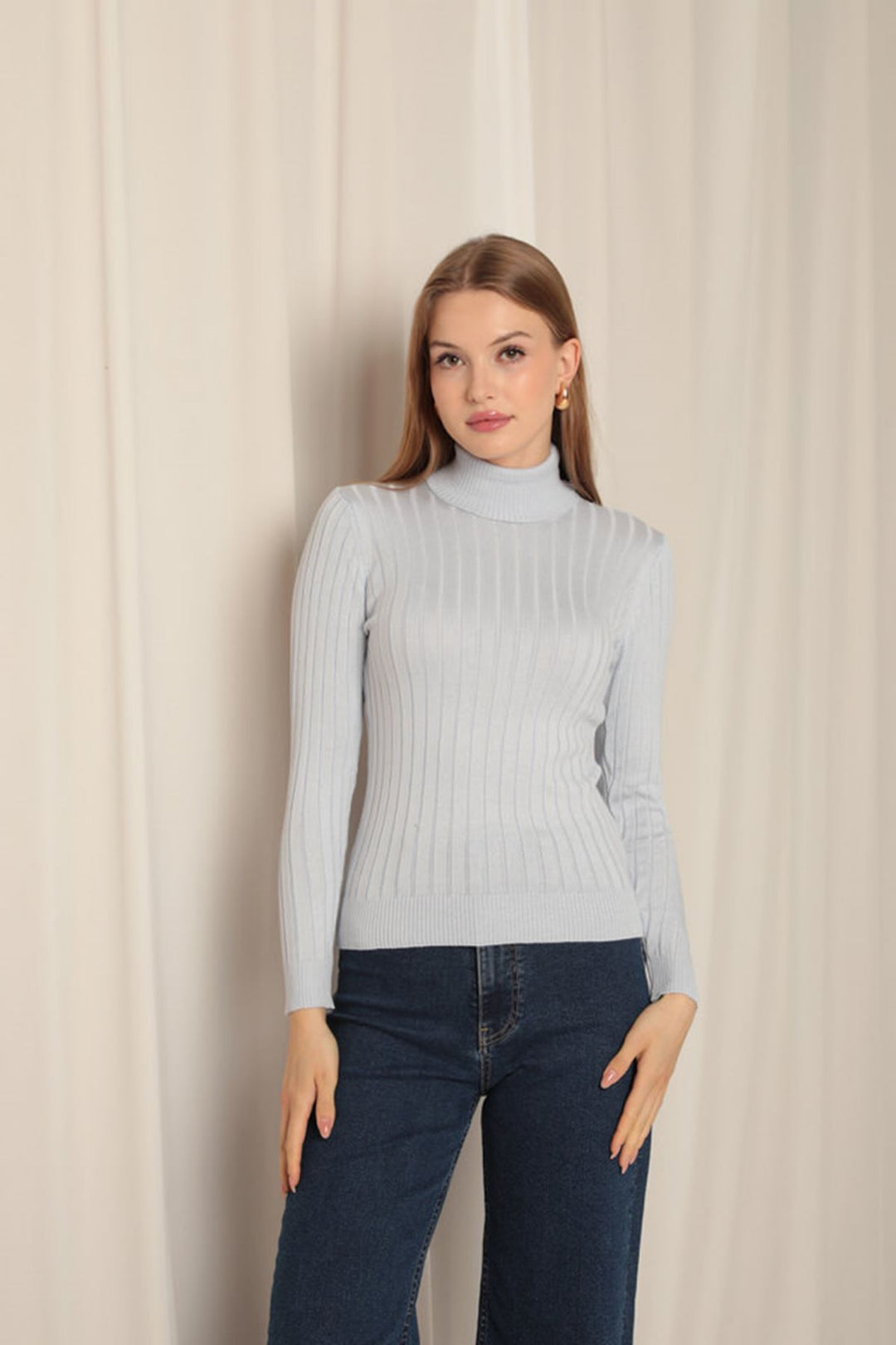 KKT Knitwear Fabric Turtleneck Women's Baby Blue Blouse - Albuquerque