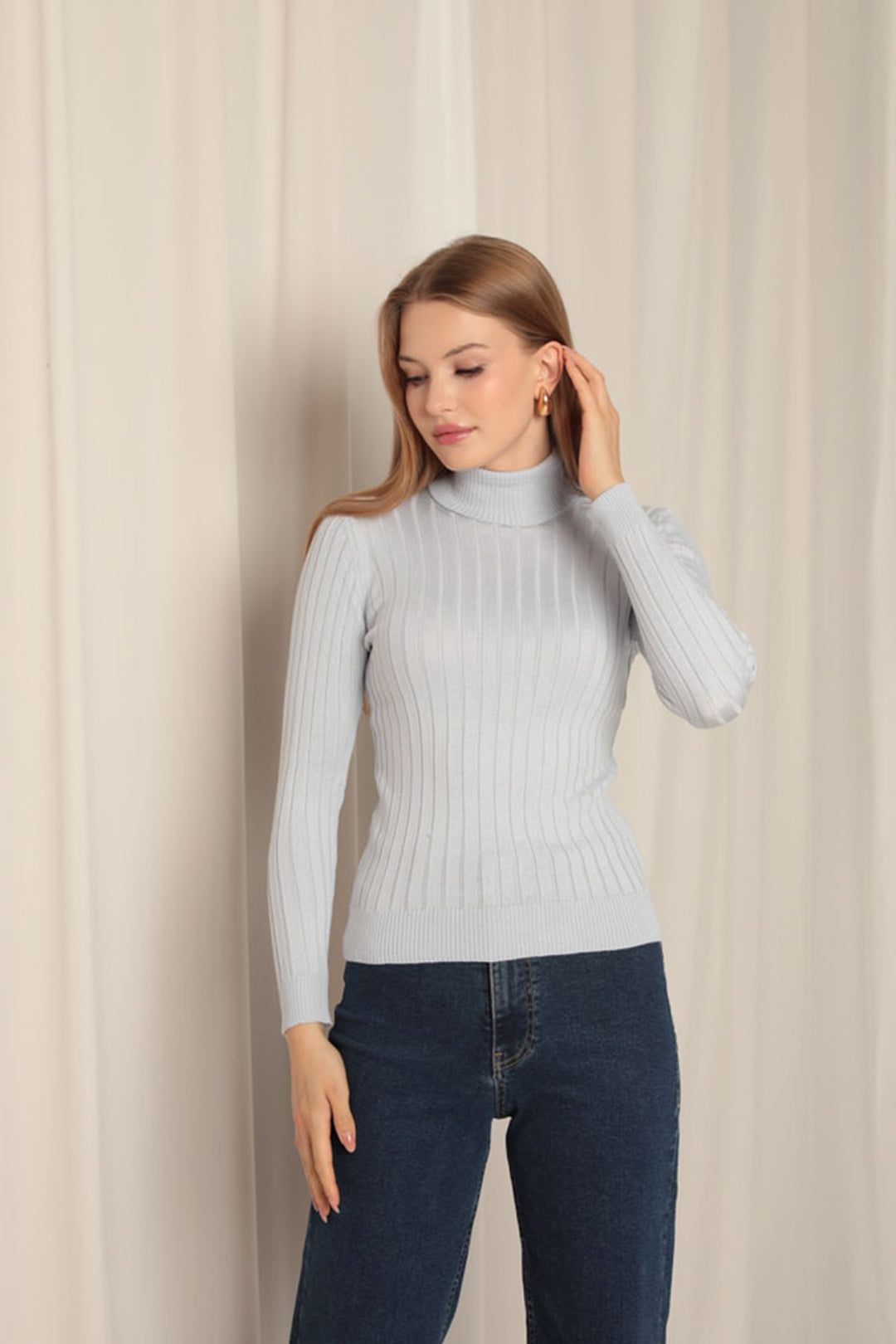 KKT Knitwear Fabric Turtleneck Women's Baby Blue Blouse - Albuquerque