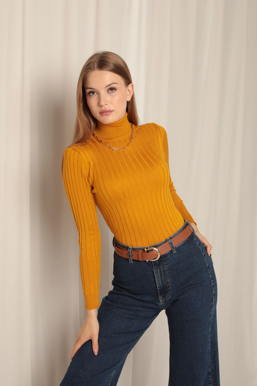 KKT Knitwear Fabric Turtleneck Women's Mustard Blouse - Târgu-Mureş