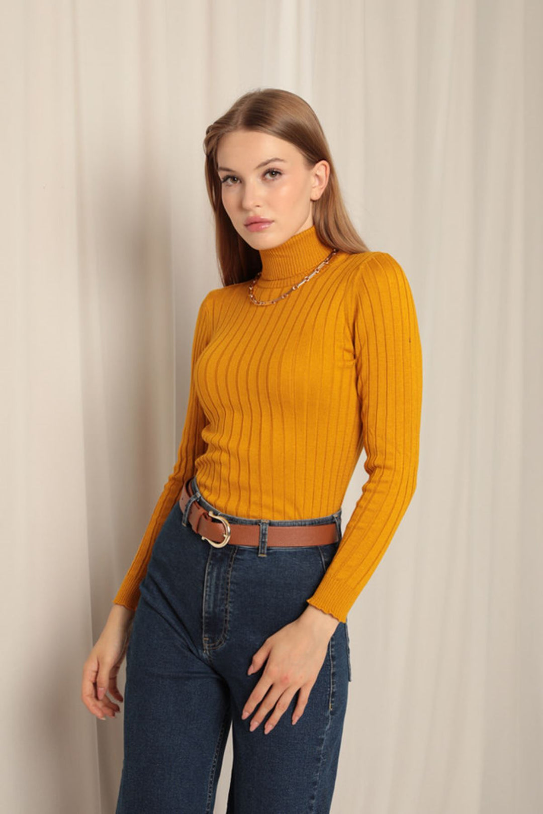 KKT Knitwear Fabric Turtleneck Women's Mustard Blouse - Târgu-Mureş