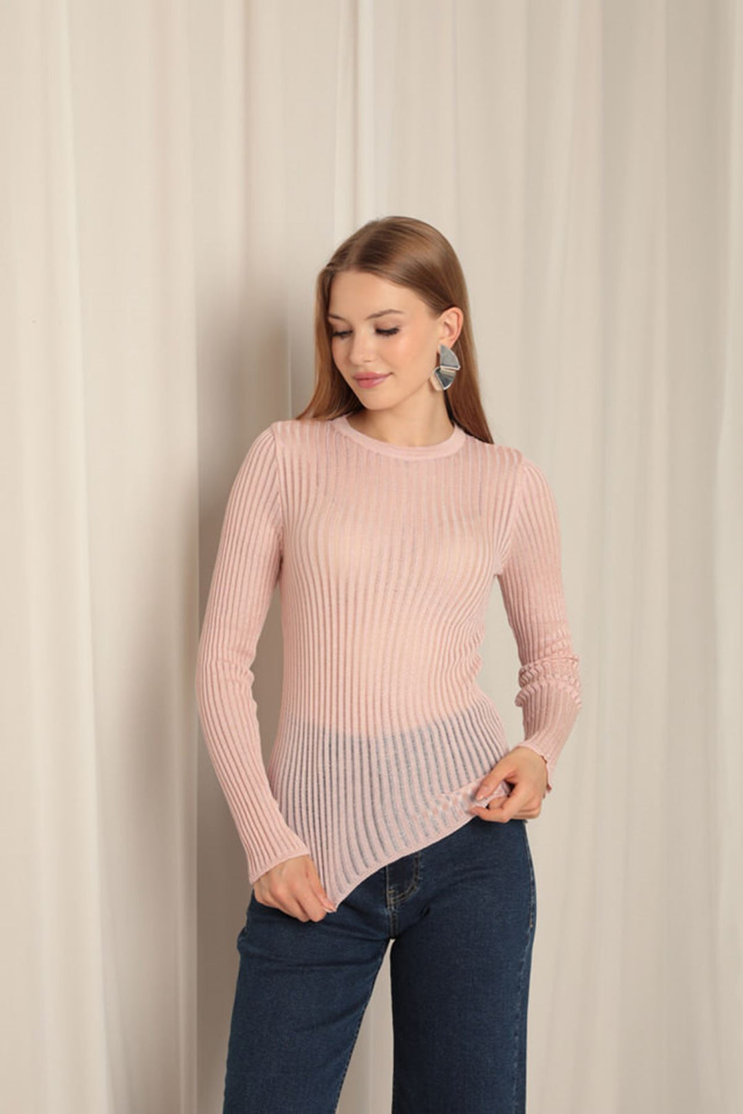 KKT Knit Fabric Crew Neck Women's Powder Blouse - Exeter