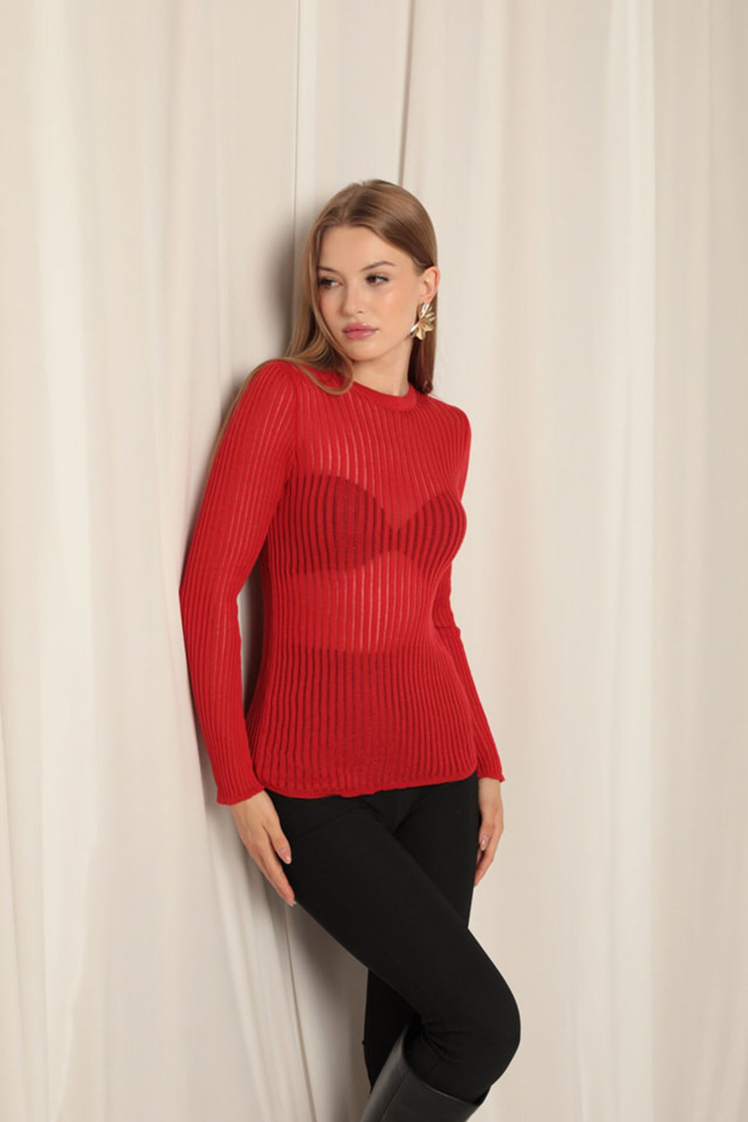 KKT Knit Fabric Crew Neck Women's Red Blouse - García