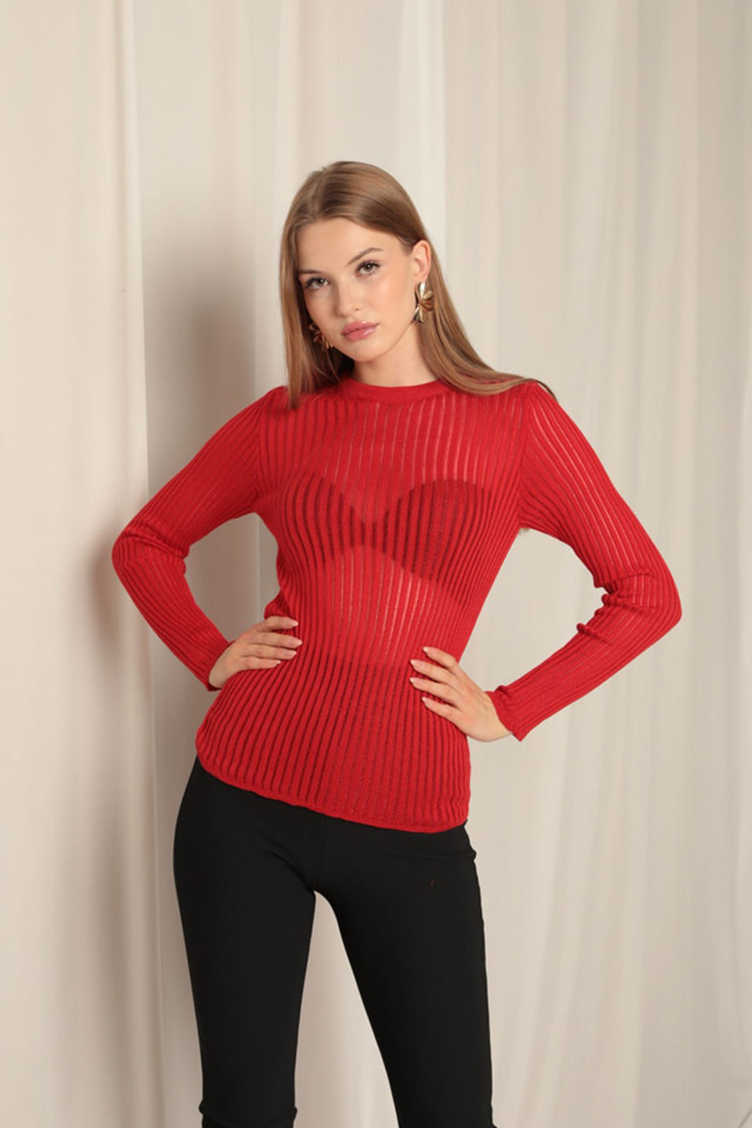 KKT Knit Fabric Crew Neck Women's Red Blouse - García
