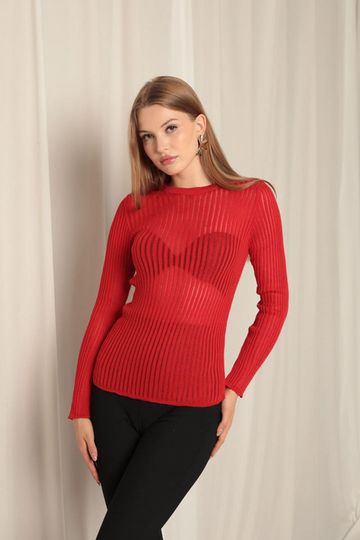 KKT Knit Fabric Crew Neck Women's Red Blouse - García