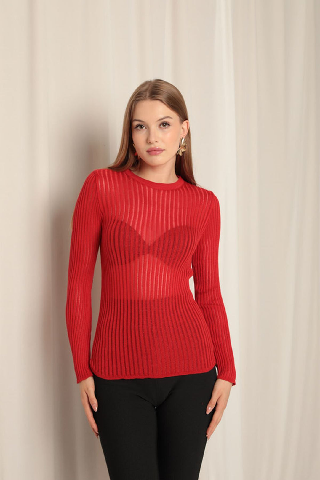 KKT Knit Fabric Crew Neck Women's Red Blouse - García