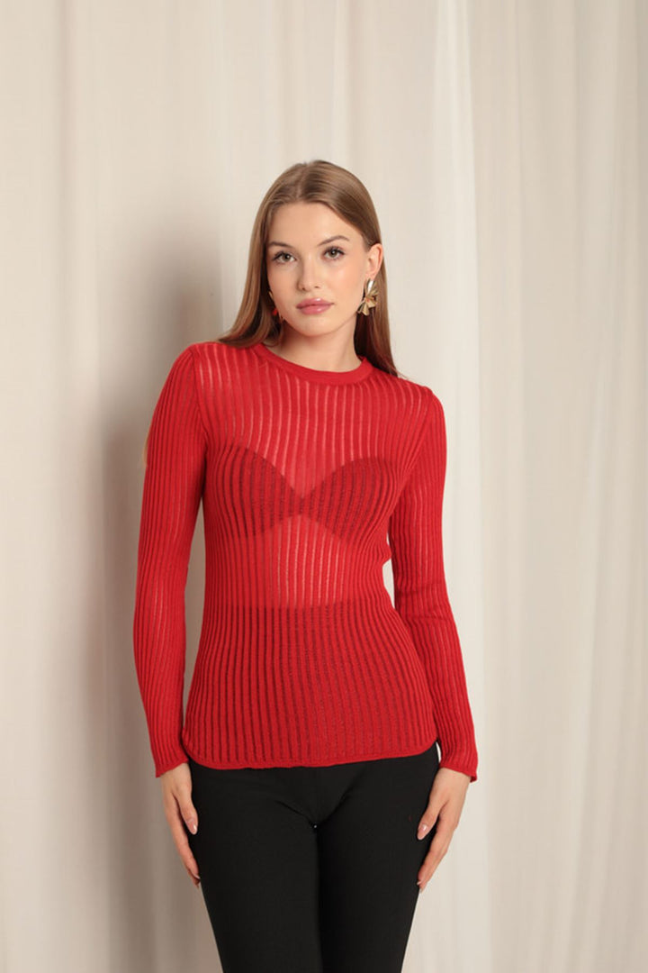 KKT Knit Fabric Crew Neck Women's Red Blouse - García