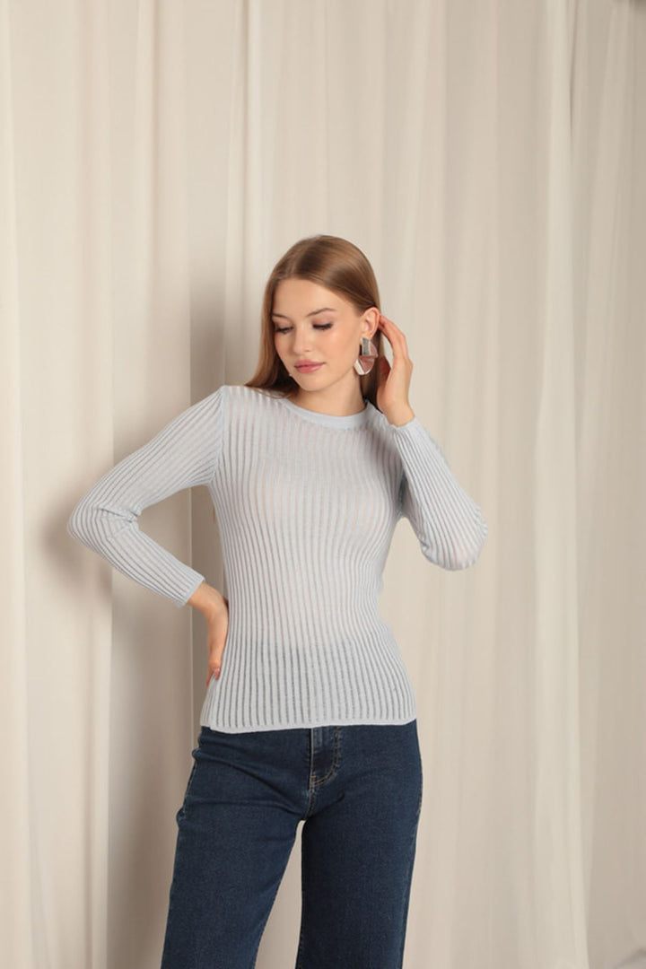 KKT Knitwear Fabric Crew Neck Women's Baby Blue Blouse - Tamworth