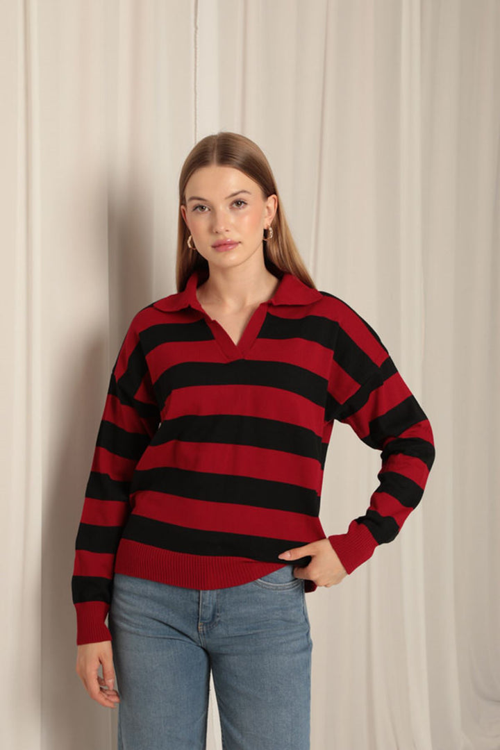 KKT Knitwear Fabric Striped Shirt Collar Women's Red Sweater - Vila Nova de Gaia