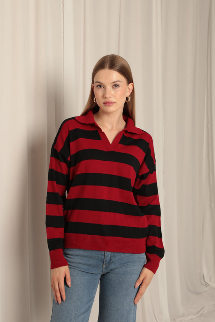 KKT Knitwear Fabric Striped Shirt Collar Women's Red Sweater - Vila Nova de Gaia