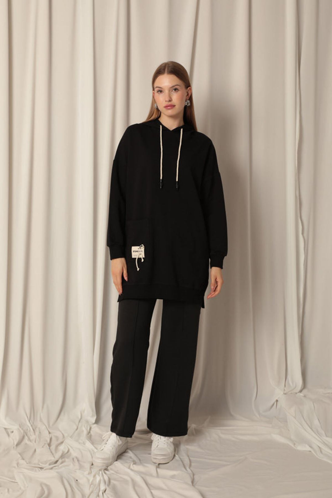 KKT Double Yarn Fabric Embroidered Hooded Women's Black Tunic Sweat - Antwerp
