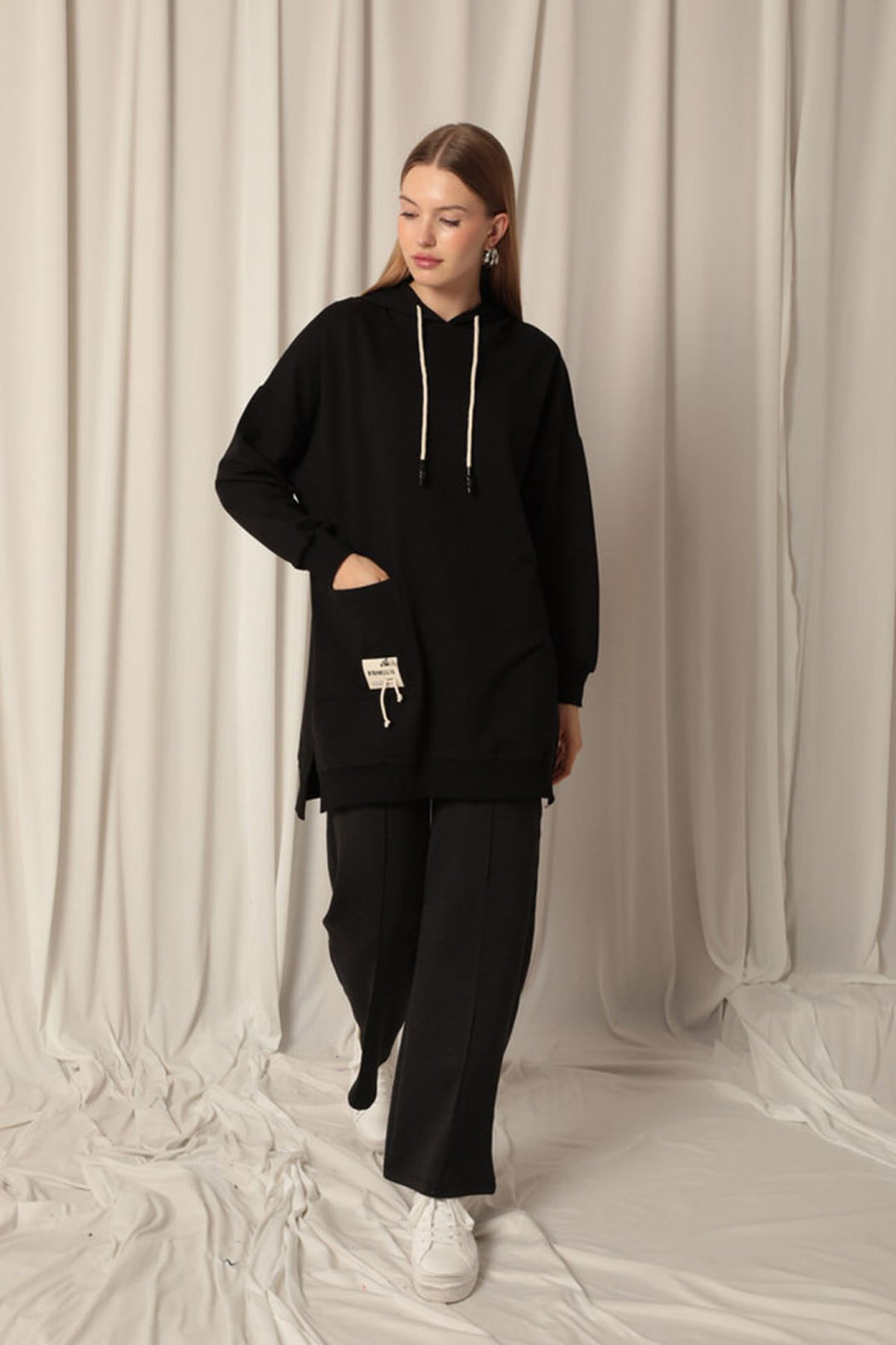 KKT Double Yarn Fabric Embroidered Hooded Women's Black Tunic Sweat - Antwerp