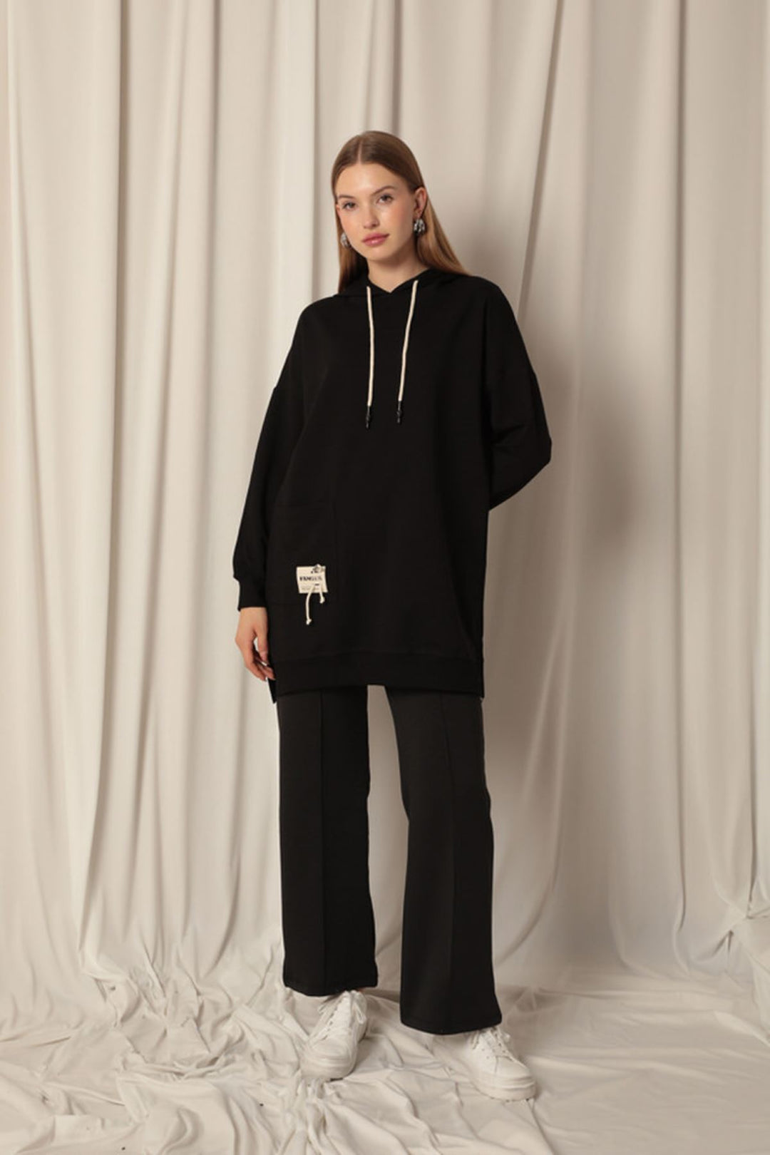 KKT Double Yarn Fabric Embroidered Hooded Women's Black Tunic Sweat - Antwerp