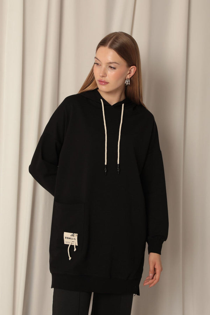 KKT Double Yarn Fabric Embroidered Hooded Women's Black Tunic Sweat - Antwerp