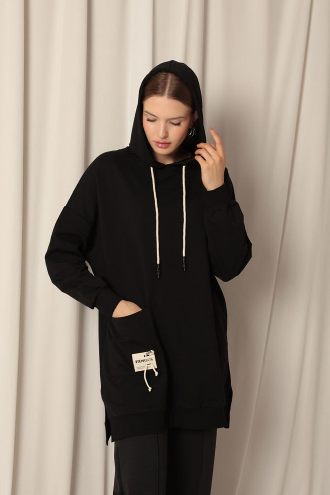 KKT Double Yarn Fabric Embroidered Hooded Women's Black Tunic Sweat - Antwerp