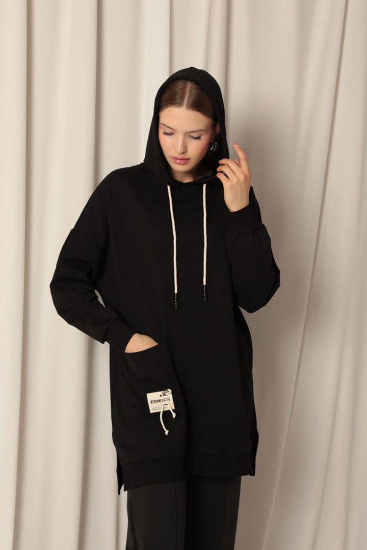 KKT Double Yarn Fabric Embroidered Hooded Women's Black Tunic Sweat - Antwerp