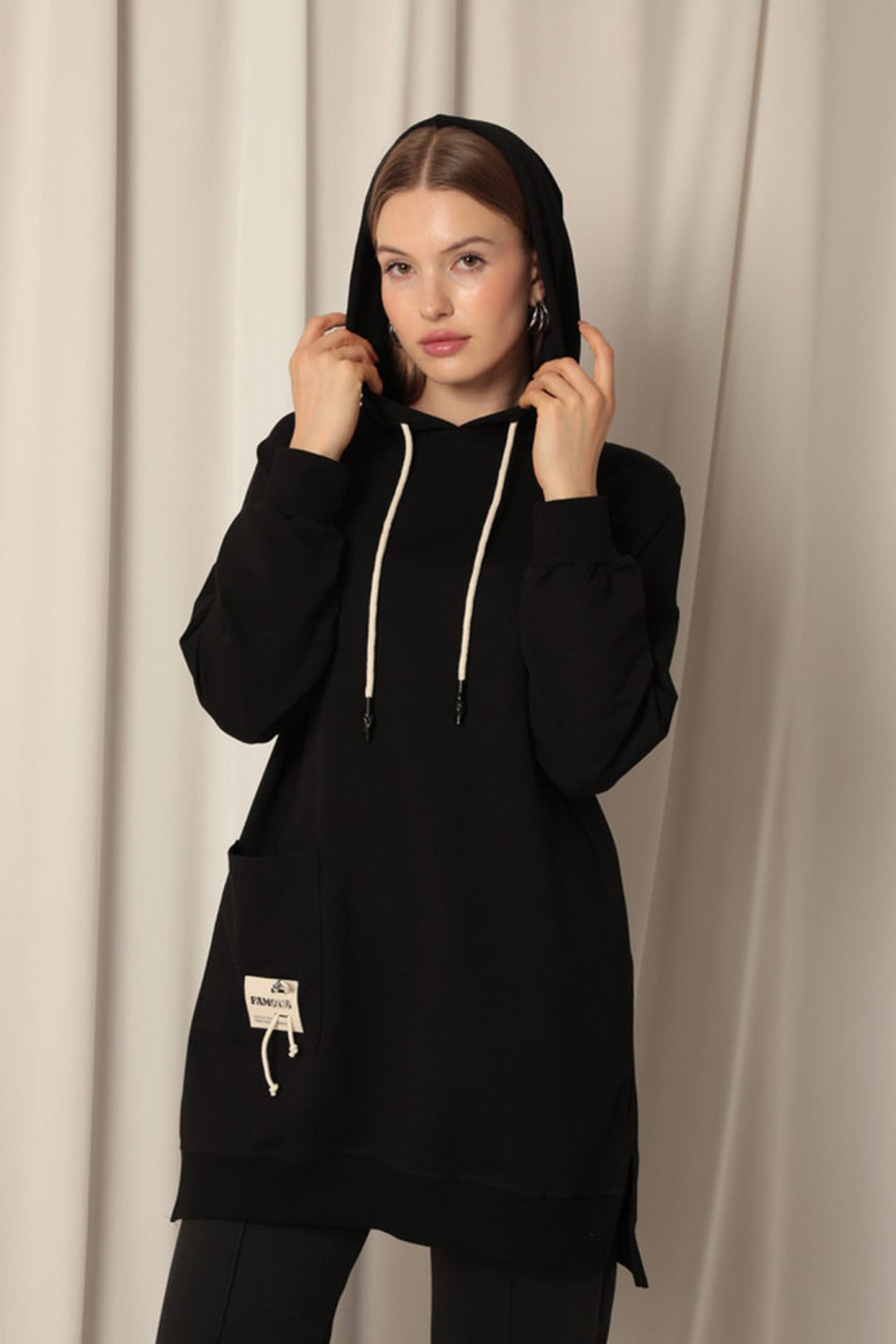 KKT Double Yarn Fabric Embroidered Hooded Women's Black Tunic Sweat - Antwerp