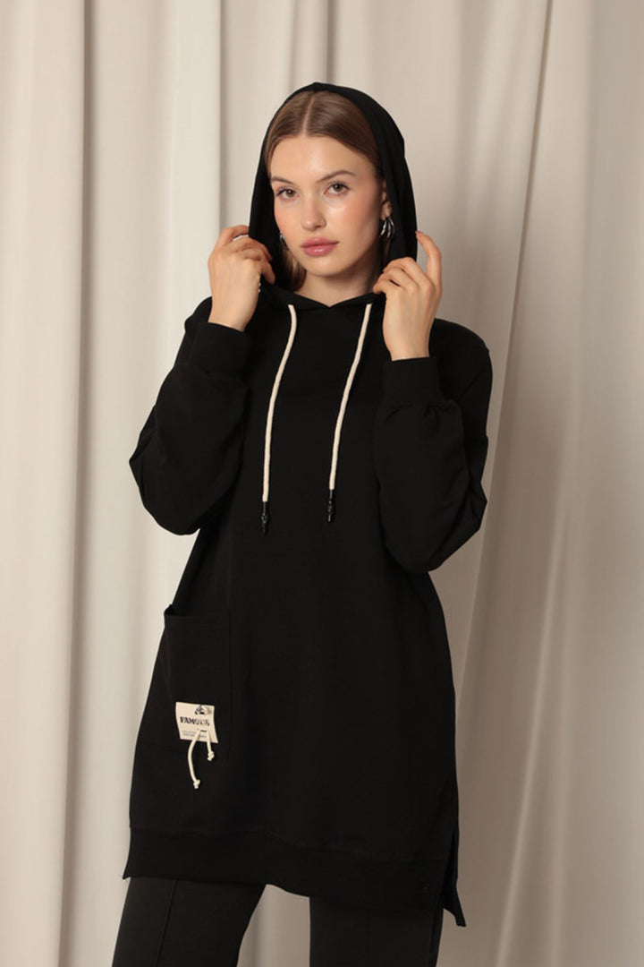 KKT Double Yarn Fabric Embroidered Hooded Women's Black Tunic Sweat - Antwerp
