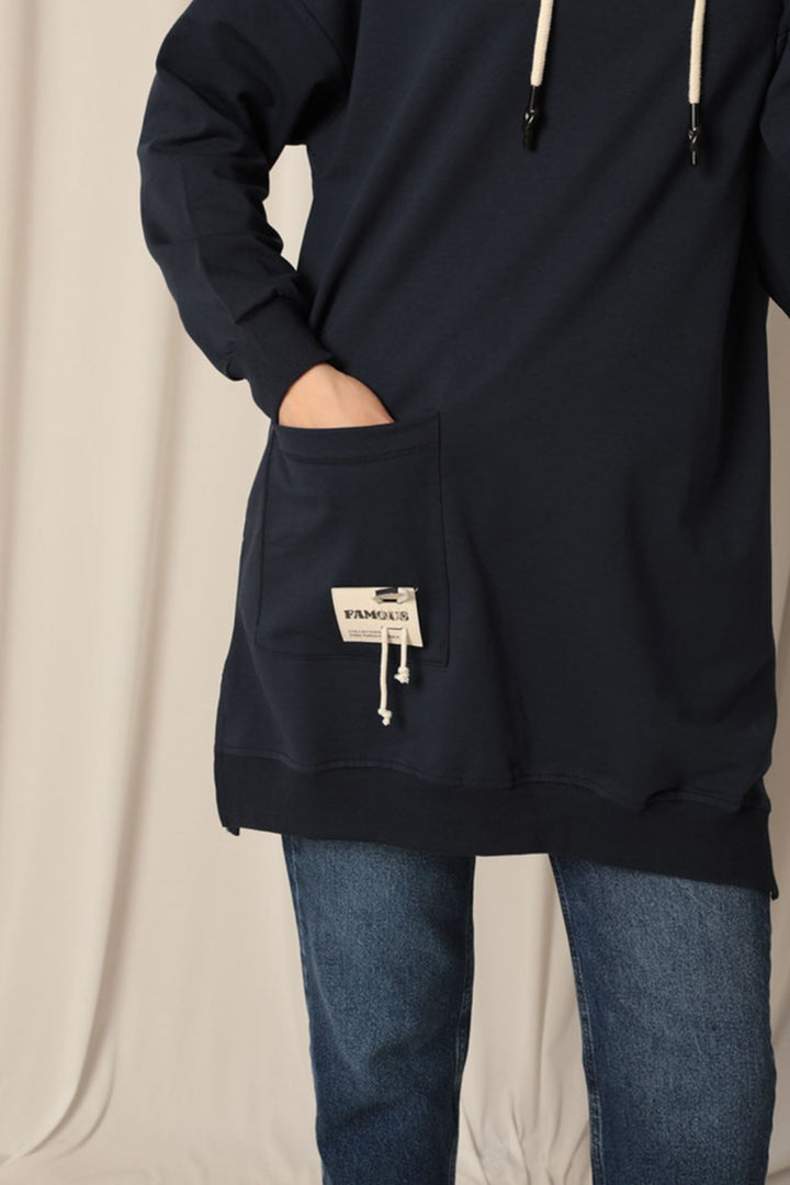 KKT Double Yarn Fabric Embroidered Hooded Women's Navy Blue Tunic Sweat - Hürth