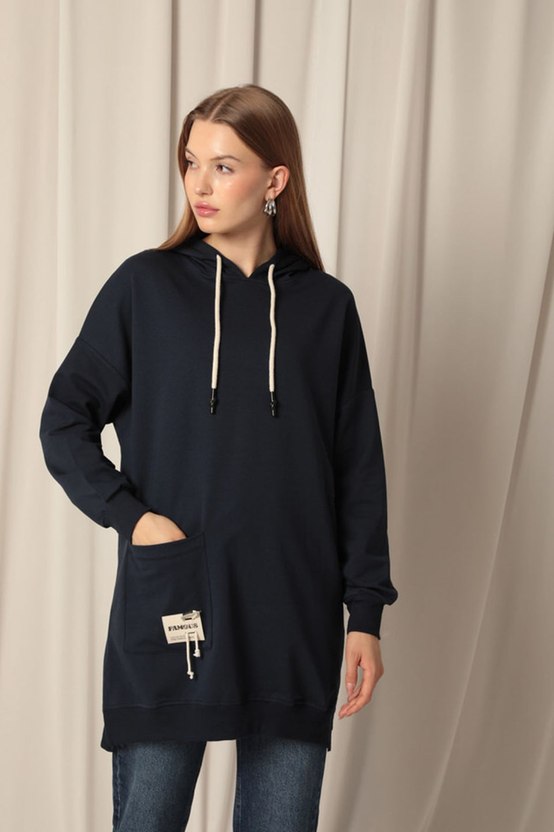 KKT Double Yarn Fabric Embroidered Hooded Women's Navy Blue Tunic Sweat - Hürth