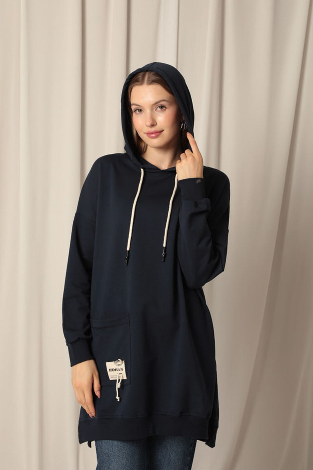 KKT Double Yarn Fabric Embroidered Hooded Women's Navy Blue Tunic Sweat - Hürth
