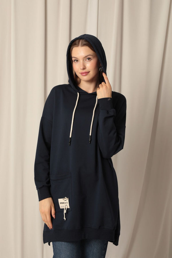 KKT Double Yarn Fabric Embroidered Hooded Women's Navy Blue Tunic Sweat - Hürth