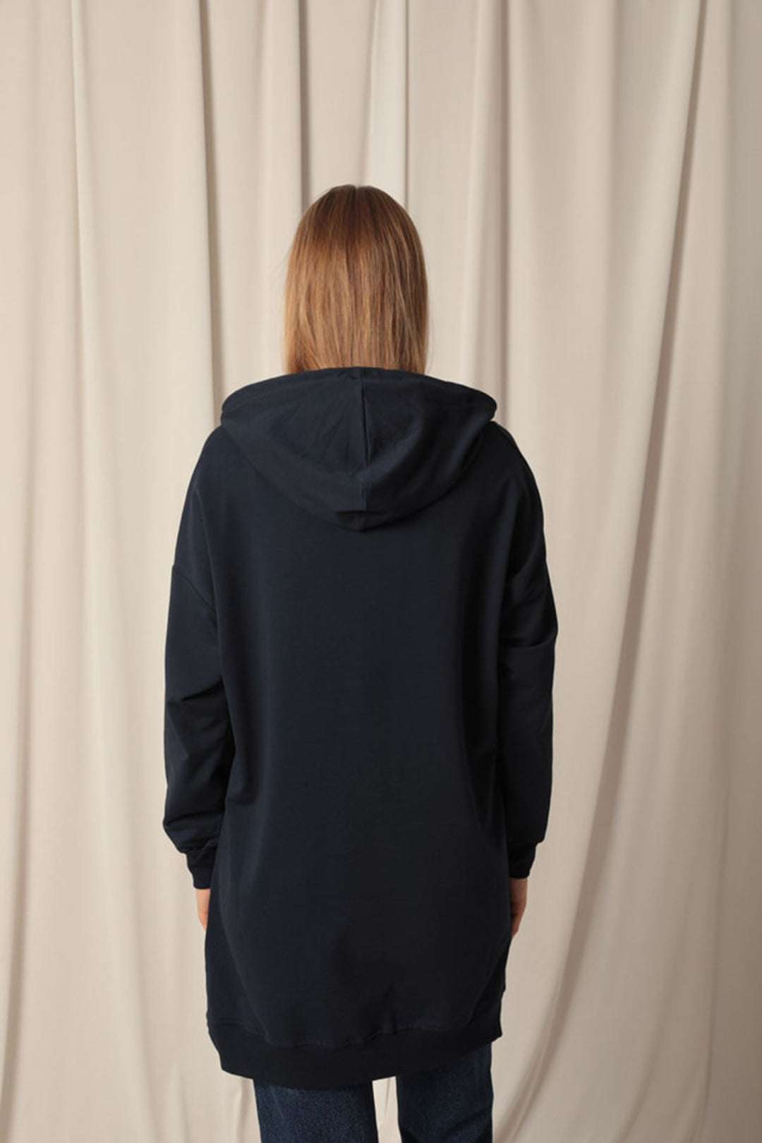KKT Double Yarn Fabric Embroidered Hooded Women's Navy Blue Tunic Sweat - Hürth