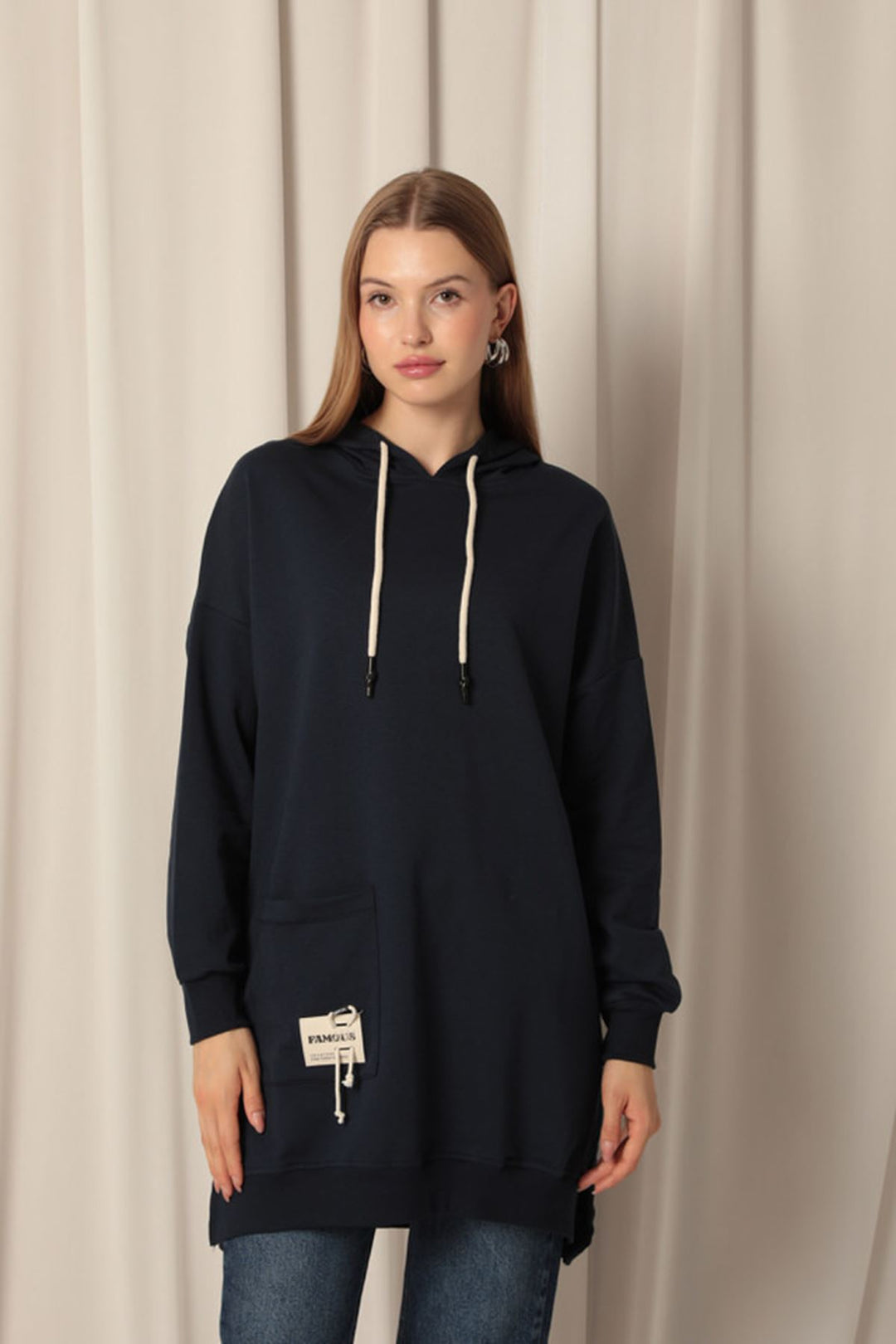 KKT Double Yarn Fabric Embroidered Hooded Women's Navy Blue Tunic Sweat - Hürth