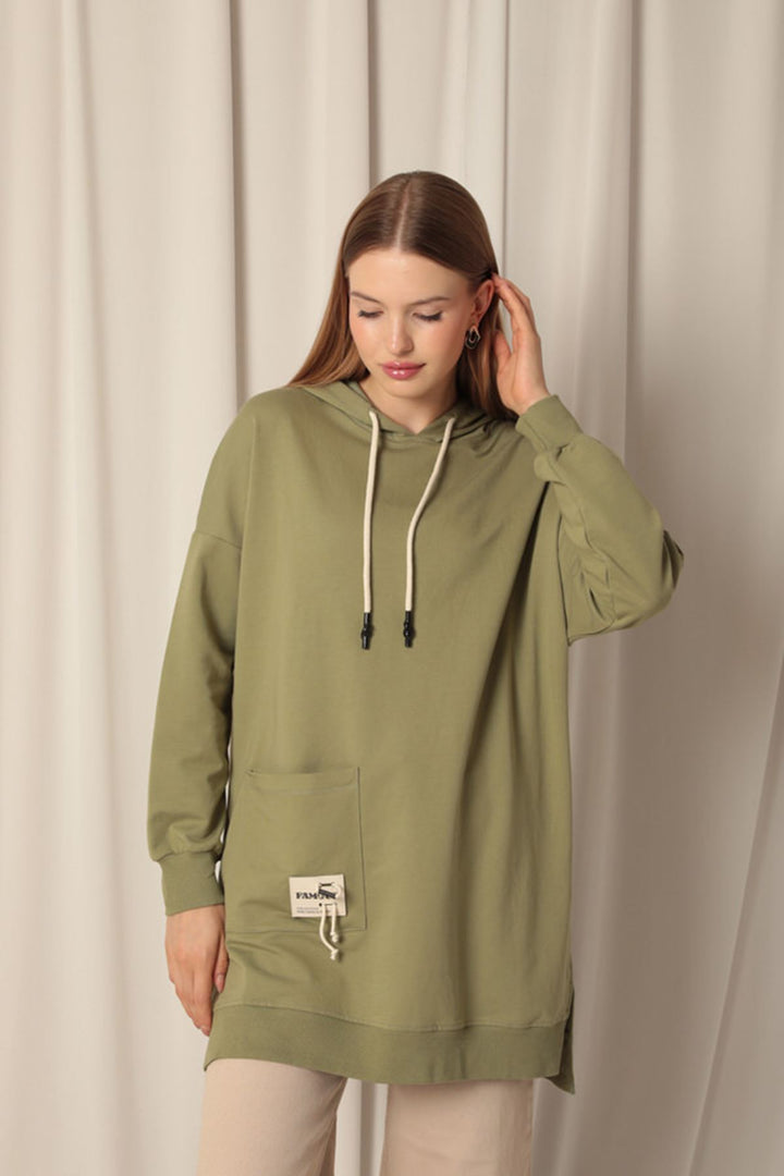 KKT Double Yarn Fabric Embroidered Hooded Women's Khaki Tunic Sweat - Foothill Farms