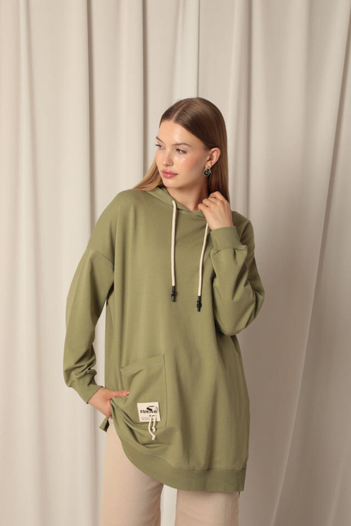 KKT Double Yarn Fabric Embroidered Hooded Women's Khaki Tunic Sweat - Foothill Farms