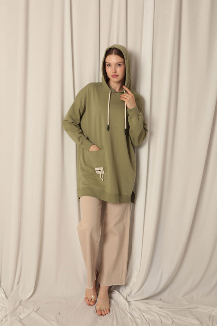 KKT Double Yarn Fabric Embroidered Hooded Women's Khaki Tunic Sweat - Foothill Farms