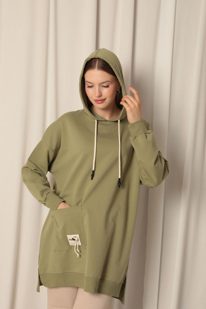 KKT Double Yarn Fabric Embroidered Hooded Women's Khaki Tunic Sweat - Foothill Farms