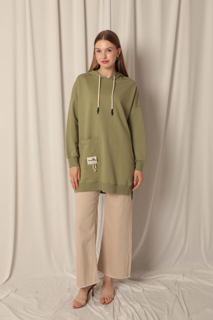 KKT Double Yarn Fabric Embroidered Hooded Women's Khaki Tunic Sweat - Foothill Farms