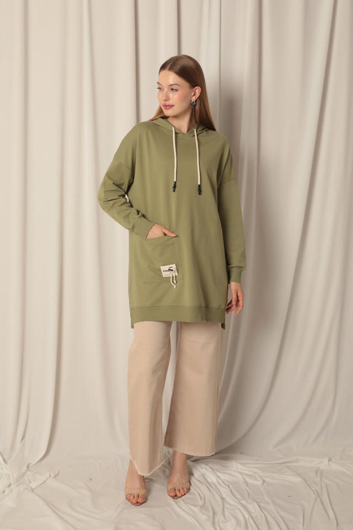 KKT Double Yarn Fabric Embroidered Hooded Women's Khaki Tunic Sweat - Foothill Farms