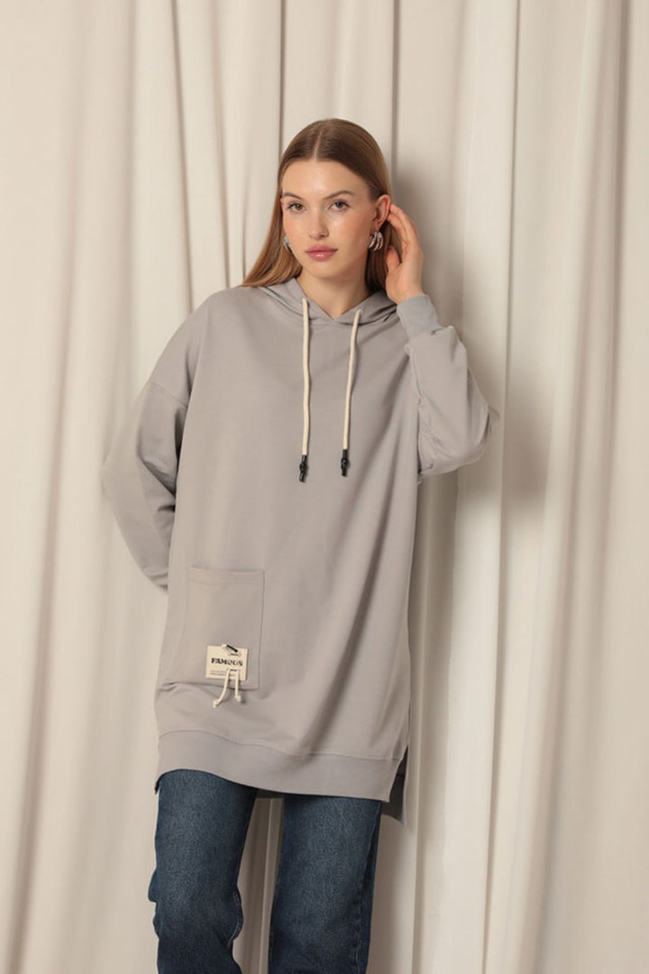 KKT Double Yarn Fabric Embroidered Hooded Women's Grey Tunic Sweat - Antibes