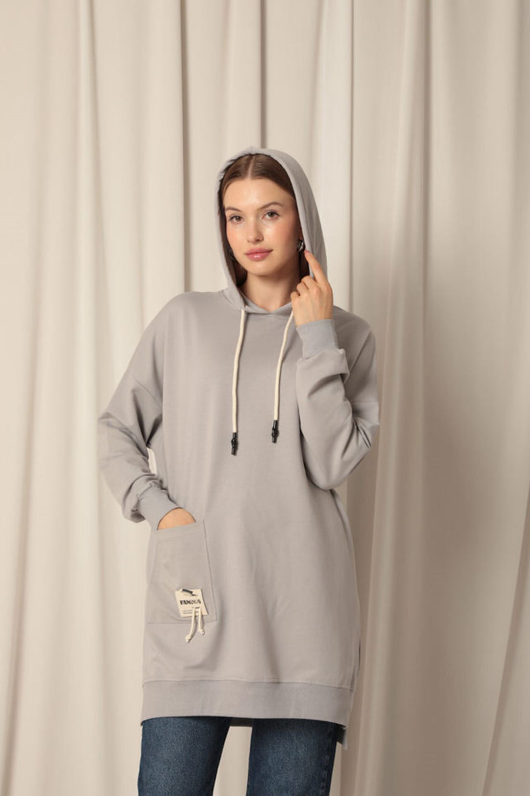 KKT Double Yarn Fabric Embroidered Hooded Women's Grey Tunic Sweat - Antibes
