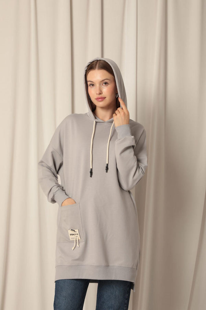 KKT Double Yarn Fabric Embroidered Hooded Women's Grey Tunic Sweat - Antibes