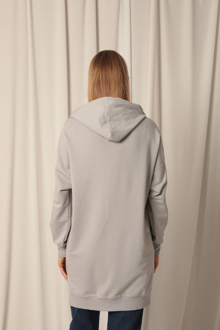 KKT Double Yarn Fabric Embroidered Hooded Women's Grey Tunic Sweat - Antibes