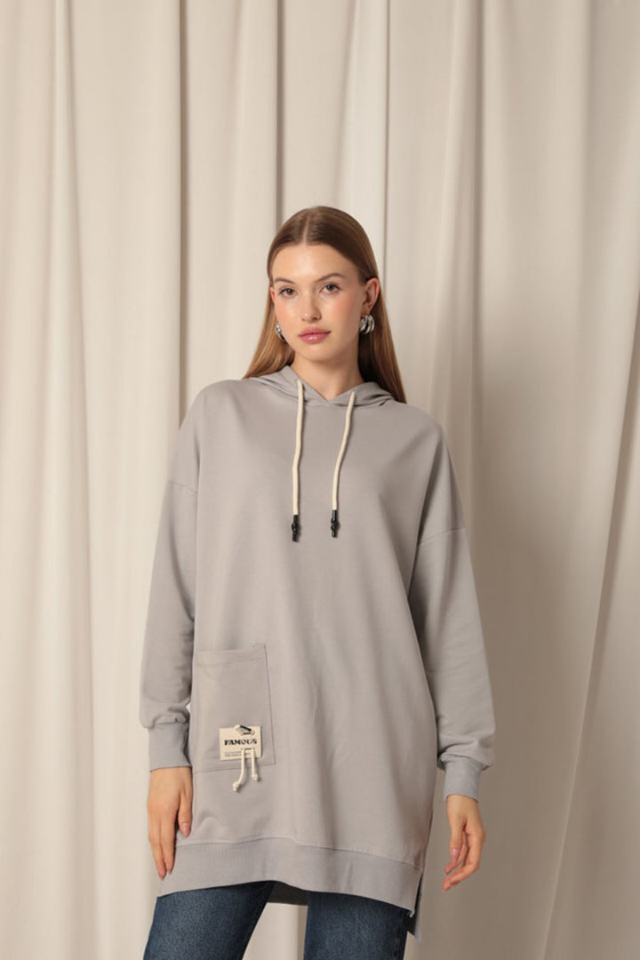 KKT Double Yarn Fabric Embroidered Hooded Women's Grey Tunic Sweat - Antibes