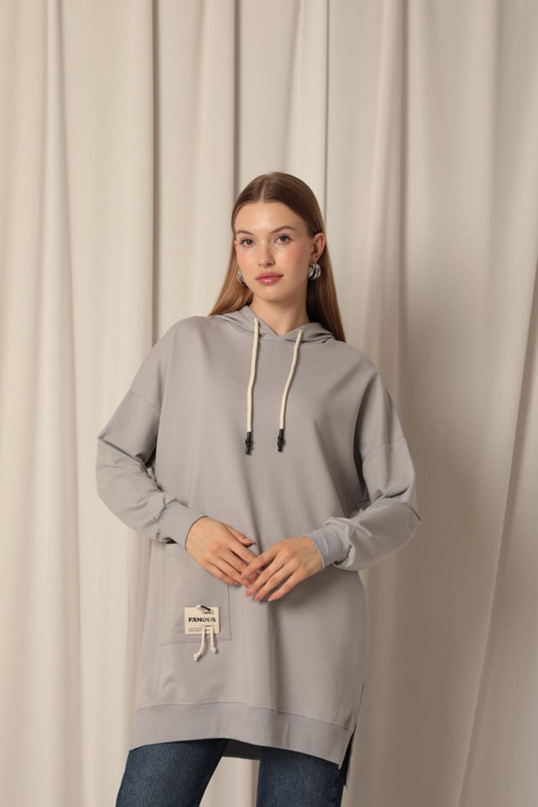 KKT Double Yarn Fabric Embroidered Hooded Women's Grey Tunic Sweat - Antibes