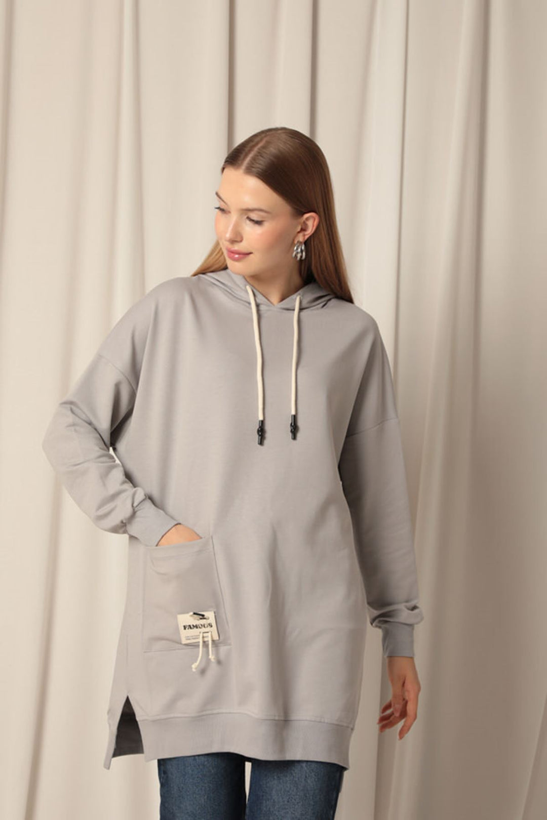 KKT Double Yarn Fabric Embroidered Hooded Women's Grey Tunic Sweat - Antibes