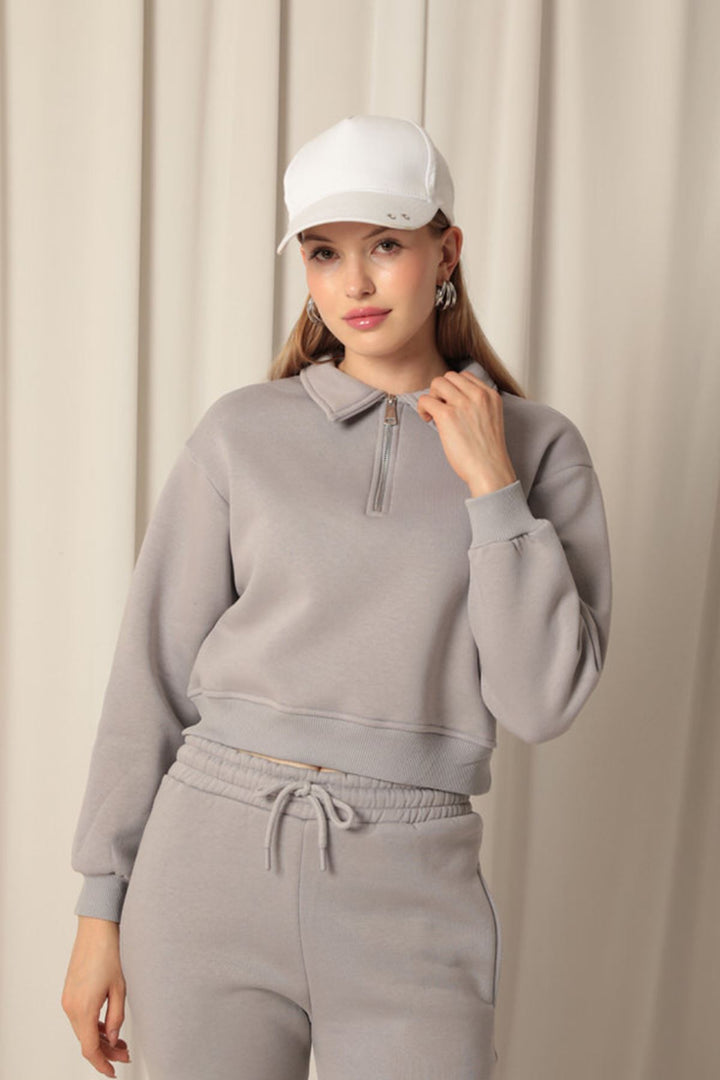 KKT Three Thread Fabric Zippered Hooded Short Women's Gray Sweat - Snizhne