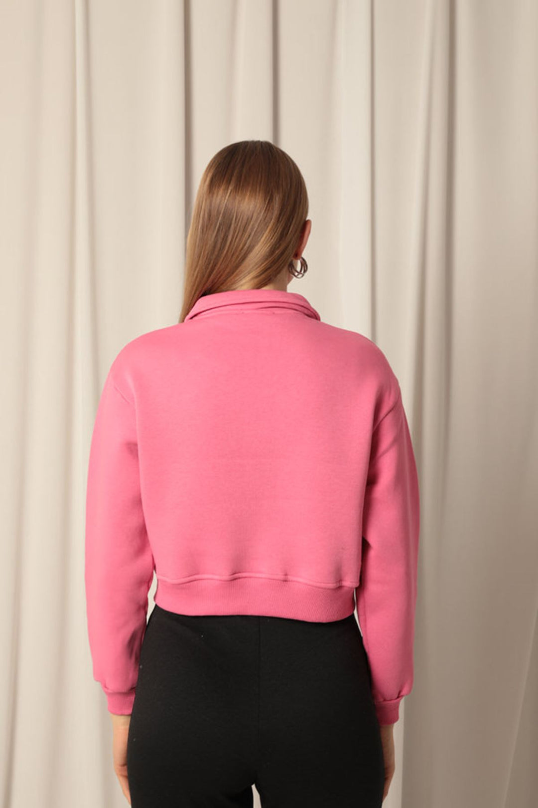 KKT Üç İplik Fermuarlı Kapüşonlu Kısa Kadın Pembe Sweat - Valdemoro