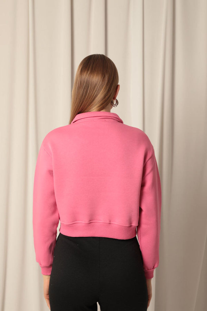 KKT Üç İplik Fermuarlı Kapüşonlu Kısa Kadın Pembe Sweat - Valdemoro