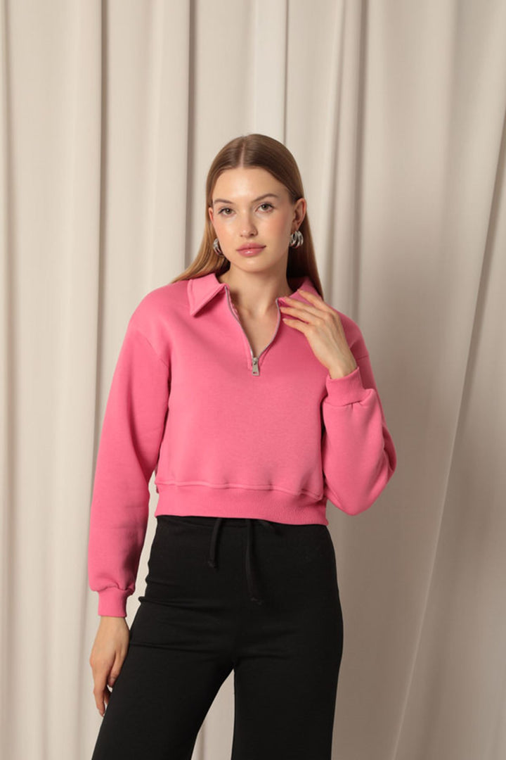KKT Üç İplik Fermuarlı Kapüşonlu Kısa Kadın Pembe Sweat - Valdemoro