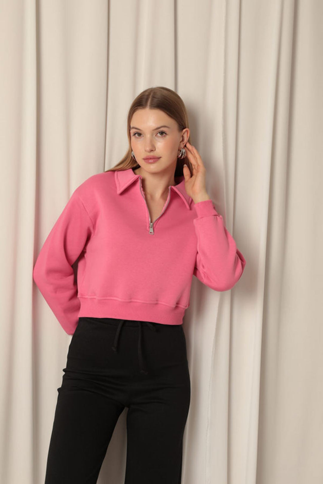 KKT Üç İplik Fermuarlı Kapüşonlu Kısa Kadın Pembe Sweat - Valdemoro